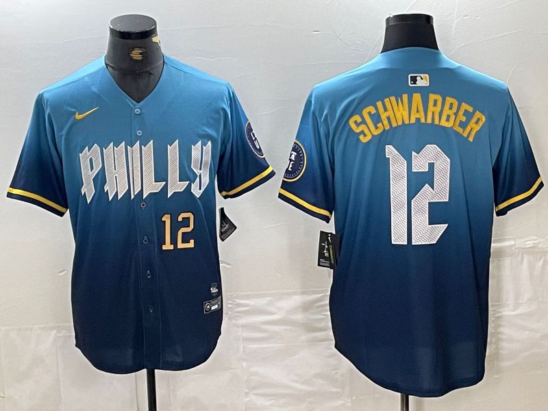 Men Philadelphia Phillies 12 Schwarber Blue City Edition Nike 2024 MLB Jersey style 3